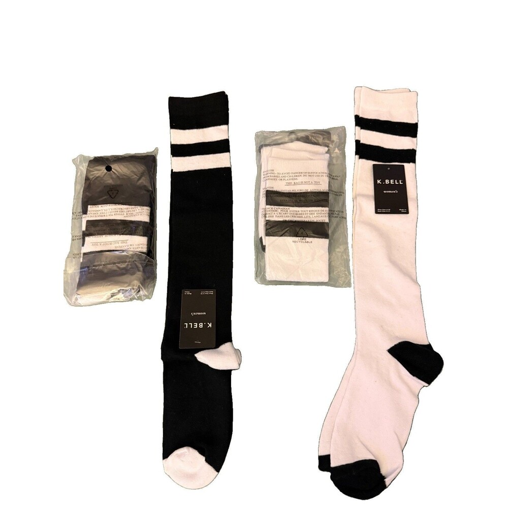 Womens Knee High Socks 2 Pair Lot Black White Striped Shoe Size 4-10 Sock 9-11